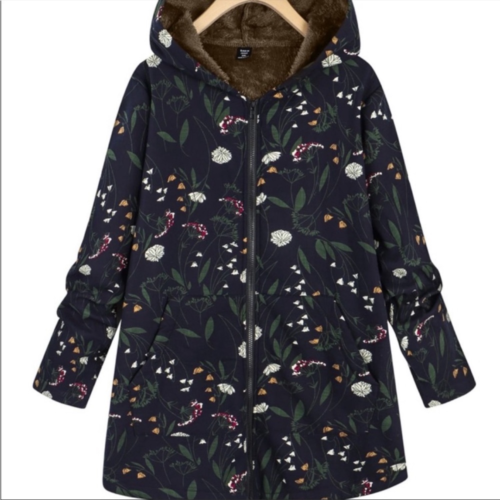 Floral Print Teddy Lined Zip Up Hooded Coat